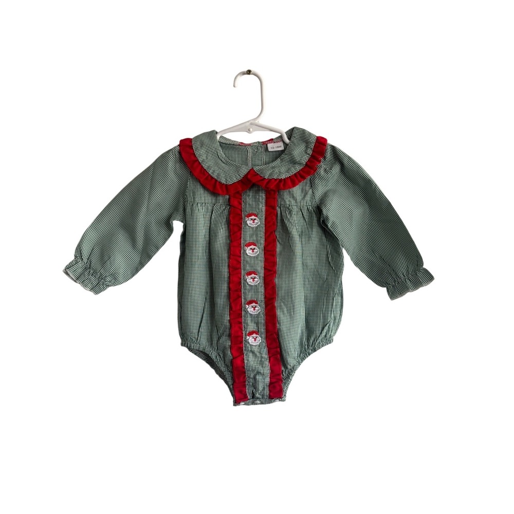 Angel Garment Baby Green Gingham Santa Ruffle Bubble Romper 12-18M Christmas